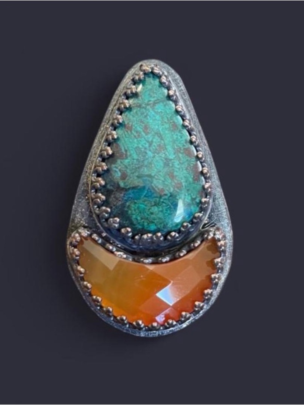 Carnelian & African Turquoise Teardrop Ring — Etched Copper, Size 7